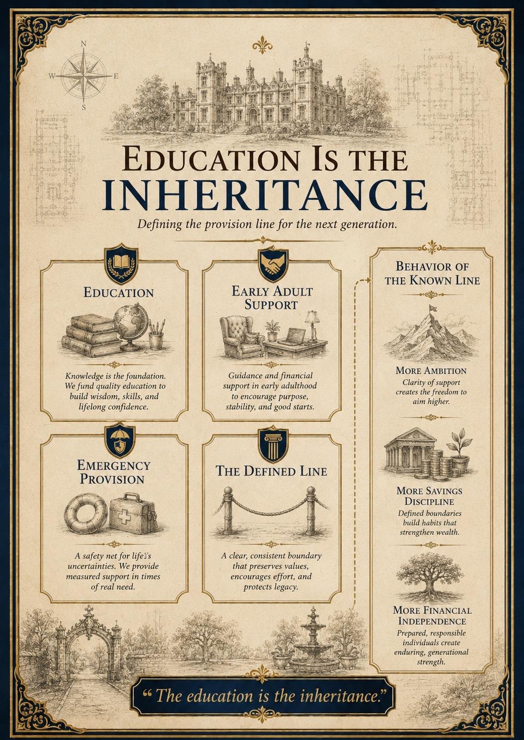 Education Is the Inheritance — Education, early adult support, emergency provision, and the defined line for the next generation.