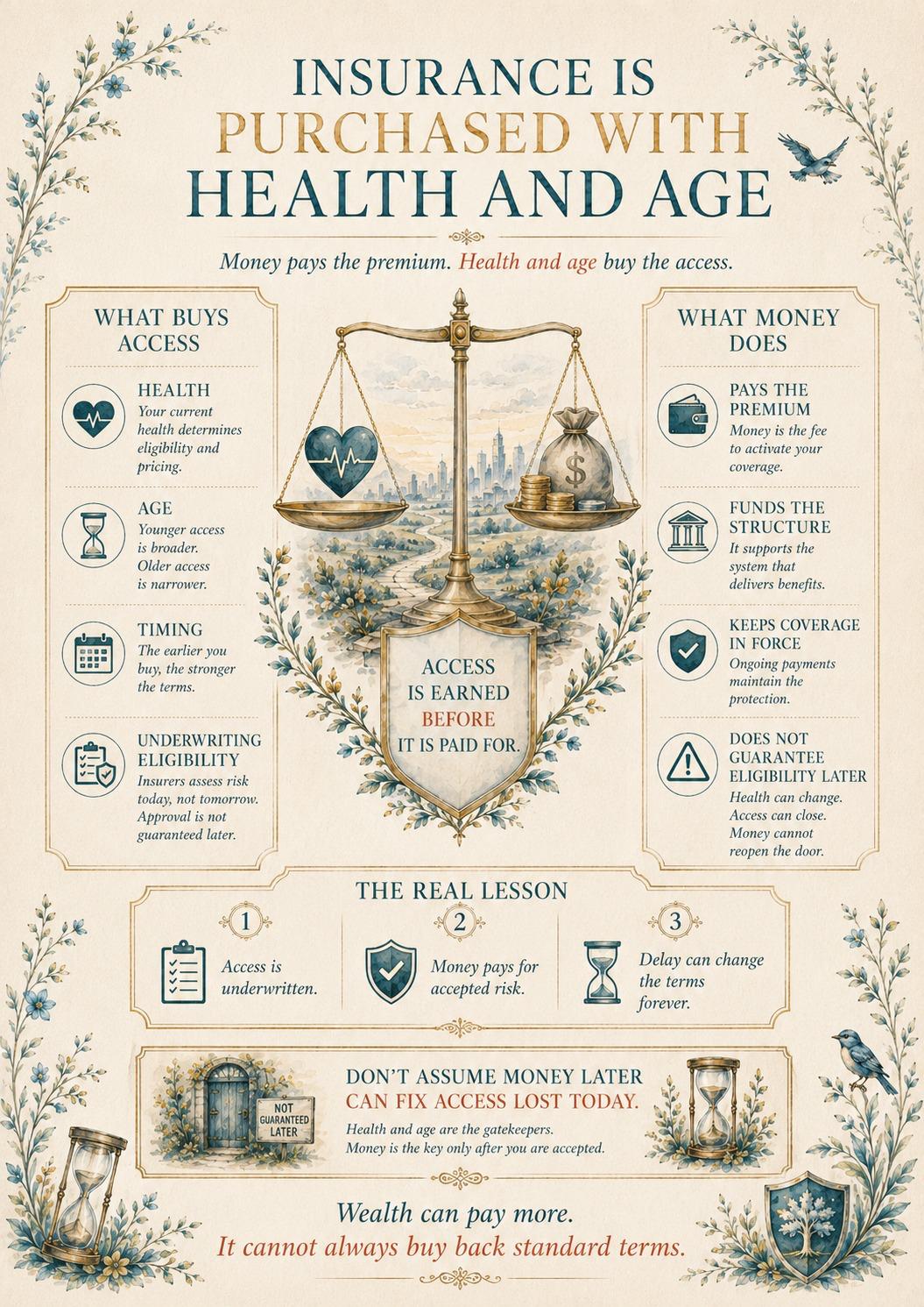 Insurance Is Purchased with Health and Age — Money pays the premium, but health, age, and timing determine access and underwriting terms.